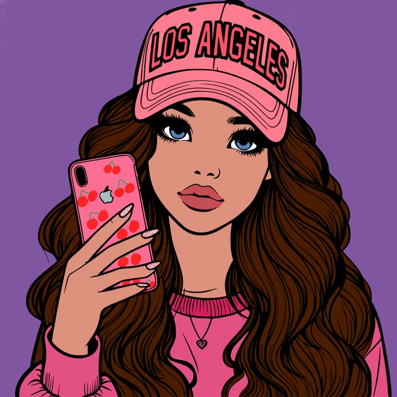 realistic beautiful girl wearing los ángeles cap holding an iphone