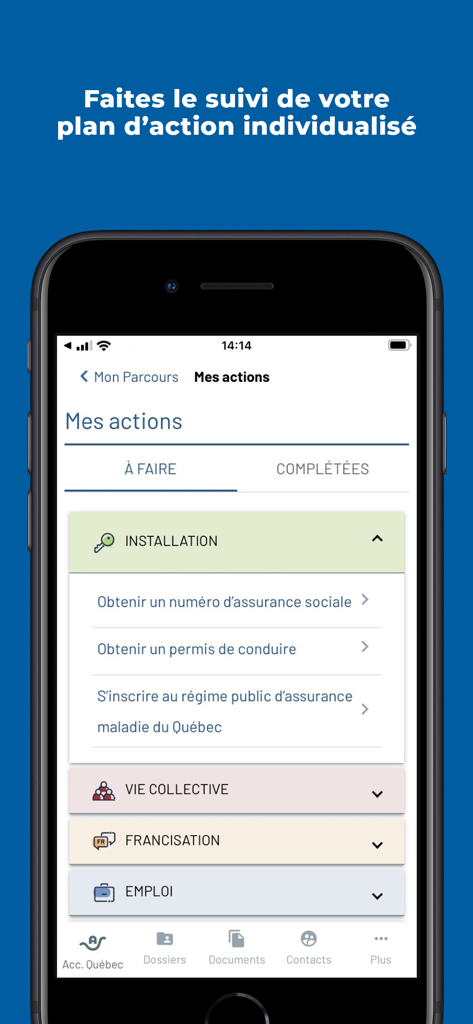 Accompagnement Québec - Accompagnement Quebec app screen showing an individualized action plan for immigration integration