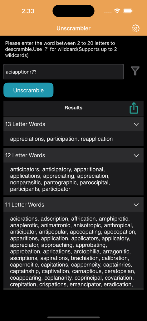 Unscrambler-Word - Interface of Unscrambler-Word app displaying results for descrambled letters grouped by word length