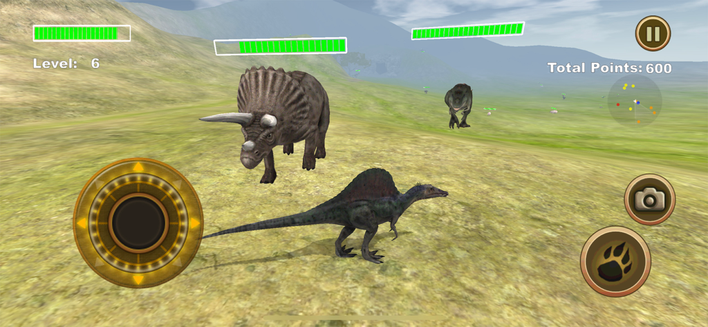 Spinosaurus player character confronting a Triceratops in a 3D Jurassic world