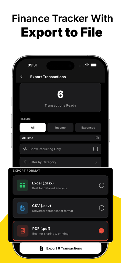 Money Manager: Moneyflo - Moneyflo App-Oberfläche zum Exportieren von Finanztransaktionen im PDF-, CSV- oder Excel-Format