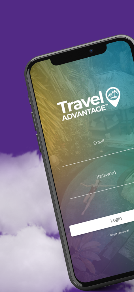 Travel Advantage - Schermata di accesso all'app mobile Travel Advantage con campi email e password su uno sfondo di resort tropicale