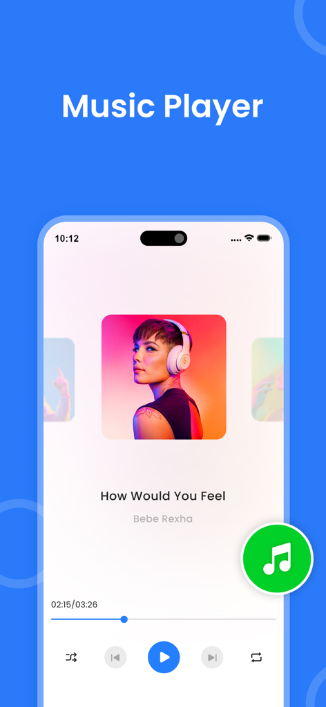 Quick Share : FIle Transfer - Interface of the built-in music player in the Quick Share app showing playback controls and album art for a song by Bebe Rexha.