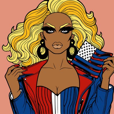 a drag queen with clothes with an american flag realistic