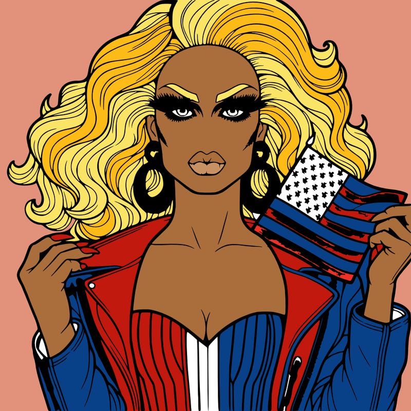 a drag queen with clothes with an american flag realistic
