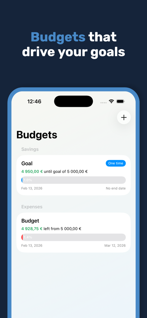 Numeo app interface showing financial budget and savings goal progress bars on an iPhone.
