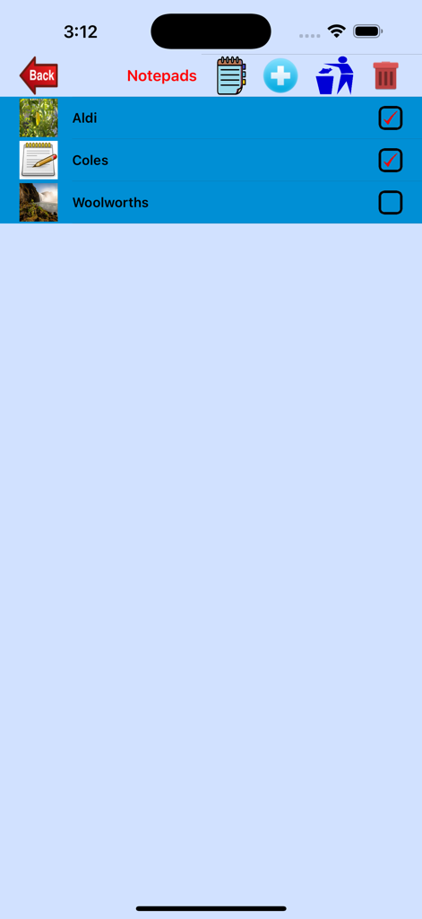 NotePad-Pro - Interface of NotePad-Pro showing a checklist of shopping categories like Aldi and Coles with custom thumbnails
