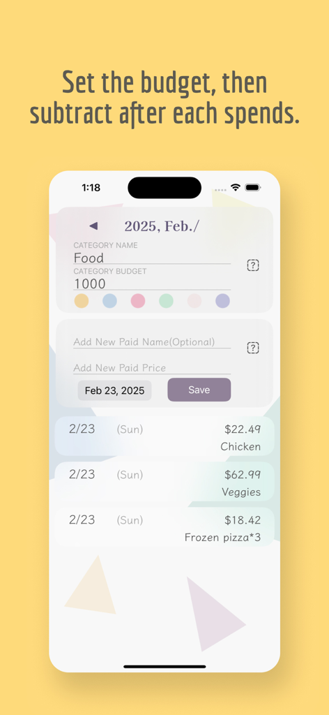Minus - Simple Money Manager - Pantalla de la aplicación Minus que muestra un presupuesto de categoría de alimentos y una lista de gastos restados