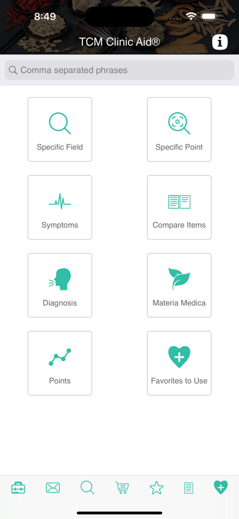 Main menu of the TCM Clinic Aid app showing categories for acupuncture points symptoms and materia medica
