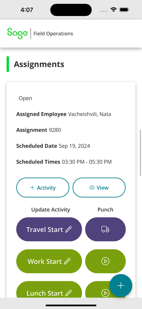 Sage Field Operations - Sage Field Operations app screen showing job assignment details including scheduled time and activity tracking buttons like travel and work start