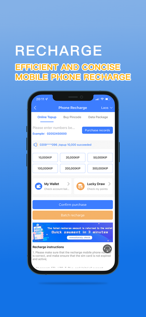 Bawanli app interface for mobile phone recharge and online top-up in Laos