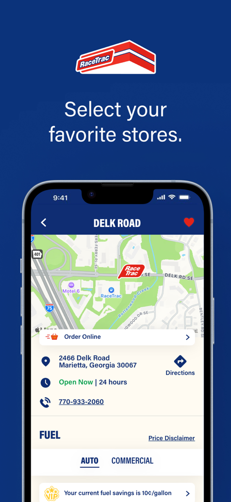 Schermata dell'app RaceTrac che mostra una visualizzazione della mappa della posizione preferita di un negozio con indirizzo e informazioni sui risparmi sul carburante.