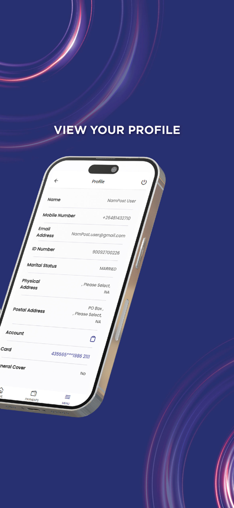 MyNamPost Banking - User profile screen in the MyNamPost Banking app showing personal and account details