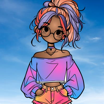 girl with a messy ponytail glasses a baggy crop top and jean shorts