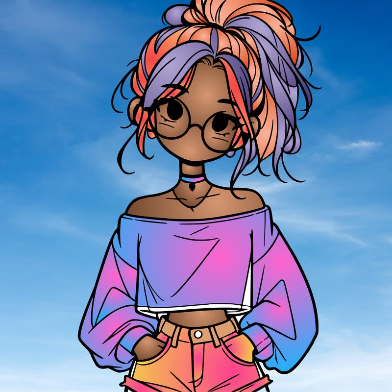 girl with a messy ponytail glasses a baggy crop top and jean shorts