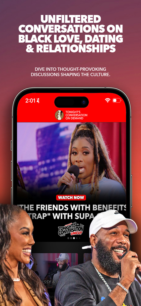 Tonights Conversation app interface showing unfiltered discussions on Black love and dating