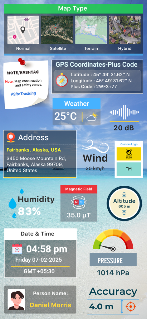 A display of the various data overlays and stamps available in the GPS Map Camera app for geotagging photos