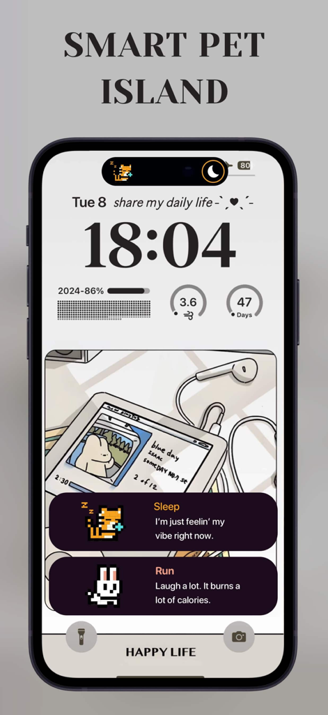 LockWidget - LockScreen Themes - Custom iPhone lock screen showing pixel pet widgets and dynamic island cat