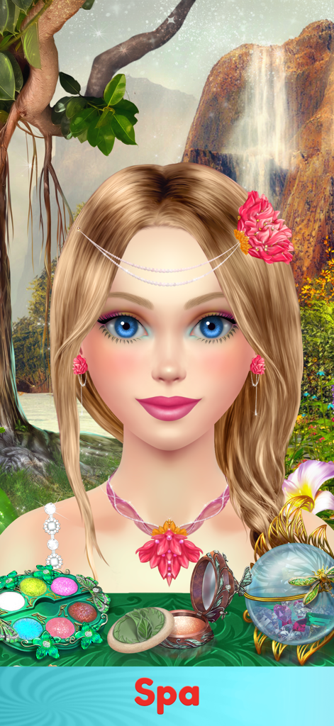 Dress Up & Makeup Girl Games - Un personaje de niña con cabello rubio y accesorios rosas en un spa virtual y juego de maquillaje.