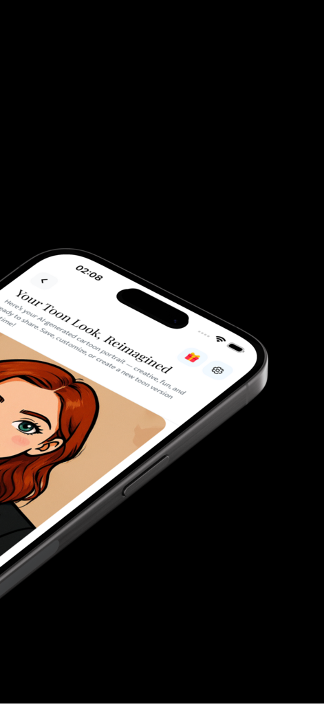 AI Cartoon Maker: Toon Studio - Toon Studio アプリで、赤毛の女性のパーソナライズされた AI カートゥーンポートレートを表示するスマートフォン。