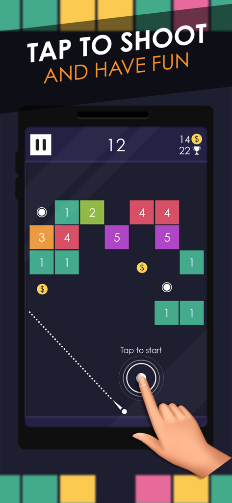 Balls Versus Blocks - Gameplay screen of Balls Versus Blocks showing numbered blocks and a hand tapping to shoot