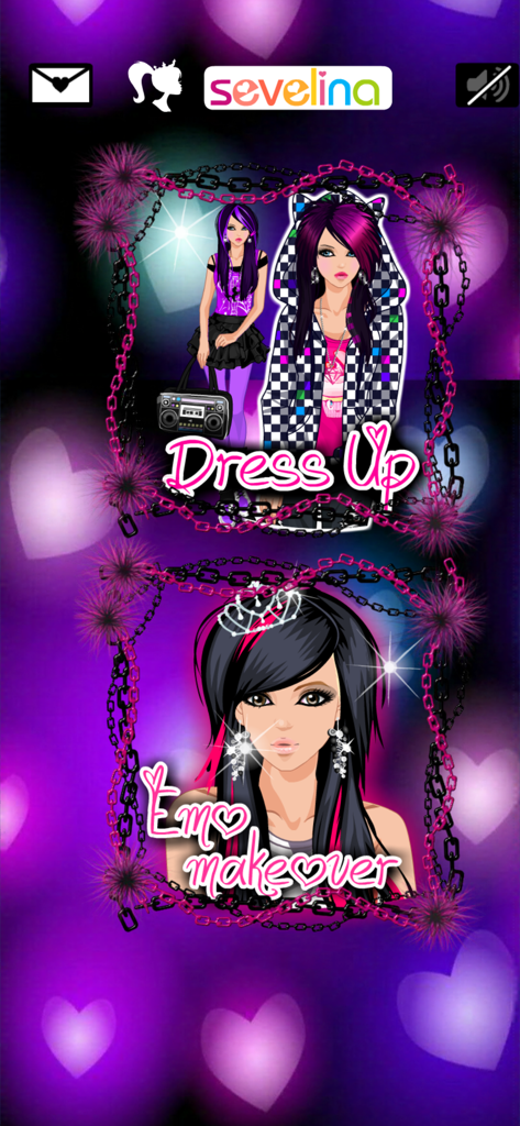 Main menu screen for Emo Dress Up and makeover game with alternative aesthetic characters