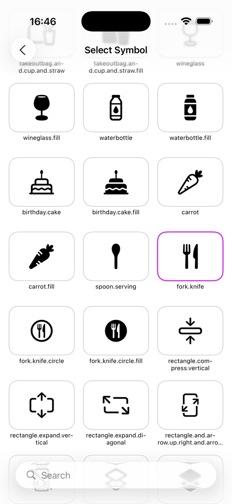 App Icon Maker - Uma biblioteca de Apple SF Symbols, como ícones de comida e bebida, disponível para seleção na interface do App Icon Maker.