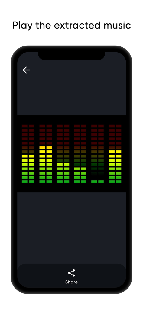 A mobile app interface showing colorful audio equalizer bars for playing extracted music files