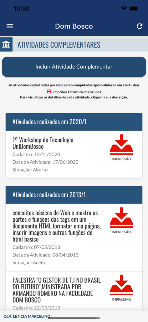Screen of the Unidombosco app displaying a list of complementary academic activities