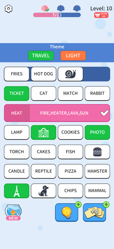 Association Sort -Connect Word - Mobile gameplay of Association Sort showing a grid of word tiles and category themes