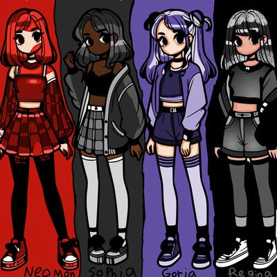 one girl with crop-top shirt and a jacket with a skirt, long socks and another girl with a shirt and pants with a jacket