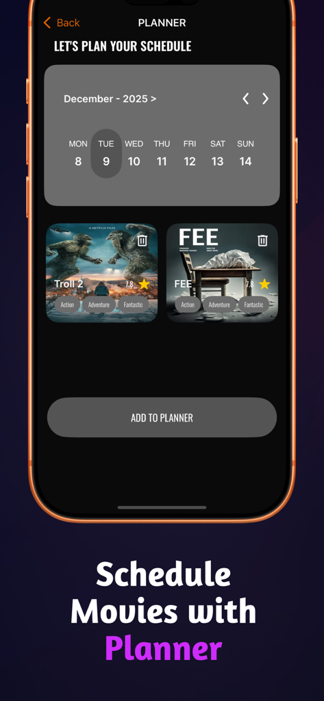Interfaz de la aplicación Seekee TV que muestra el planificador de visionado inteligente con un calendario y películas programadas