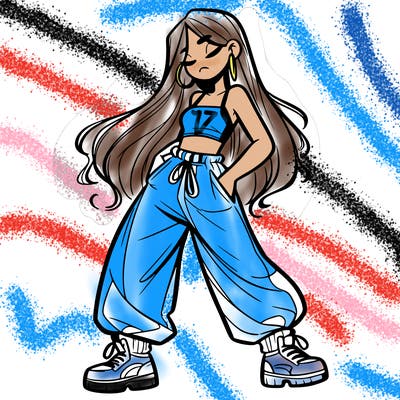 girl in baggy pants crop top and long hair