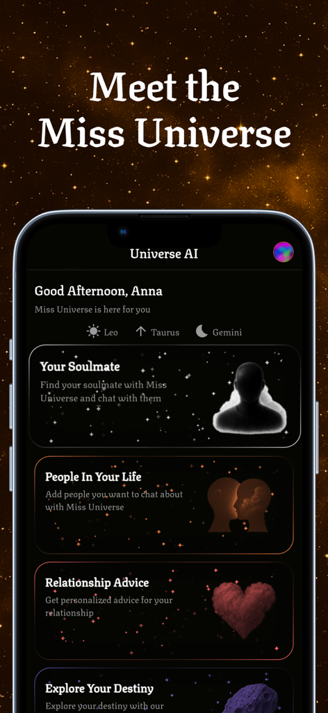 Universe AI: Soulmate Drawing - A mobile phone screen showing the Universe AI app dashboard with features for soulmate drawings and relationship advice on a starry cosmic background.