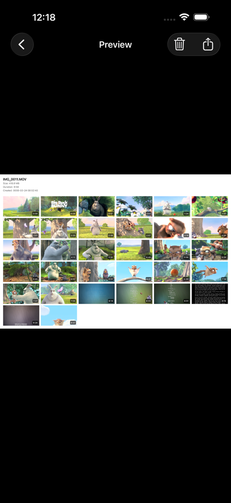 FrameForge Go - A preview screen showing a grid of extracted video frames with timestamps from an animation.