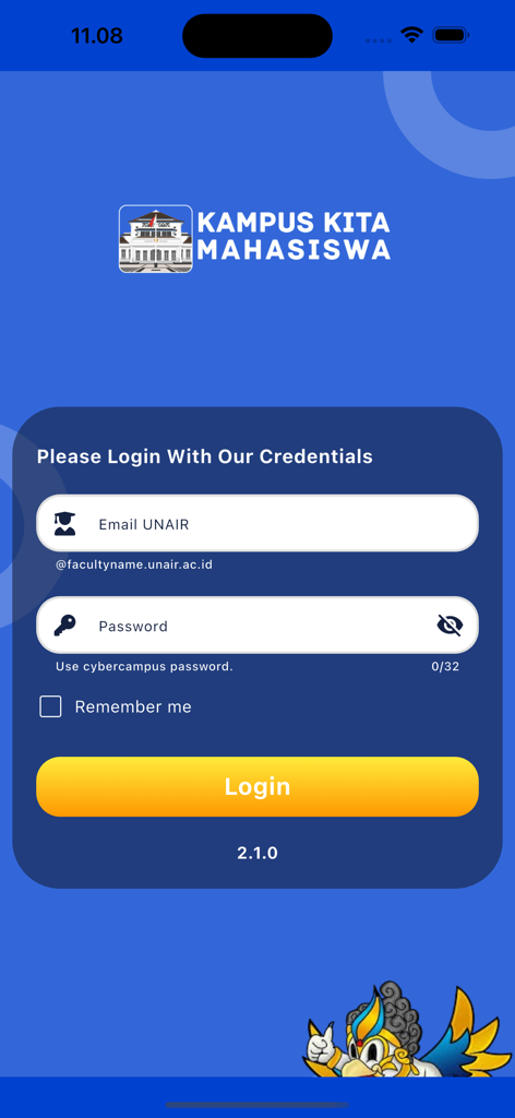 Kampus Kita Mahasiswa - Login screen of the Kampus Kita Mahasiswa mobile app with fields for university email and password