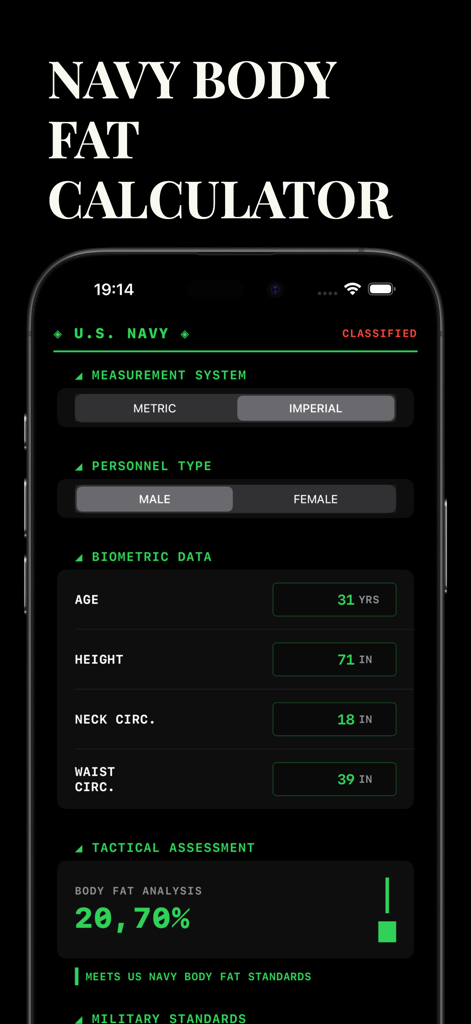 Navy Body Fat Calculator Pro - Tactical user interface of the Navy Body Fat Calculator Pro app showing biometric data inputs and a body fat percentage analysis.
