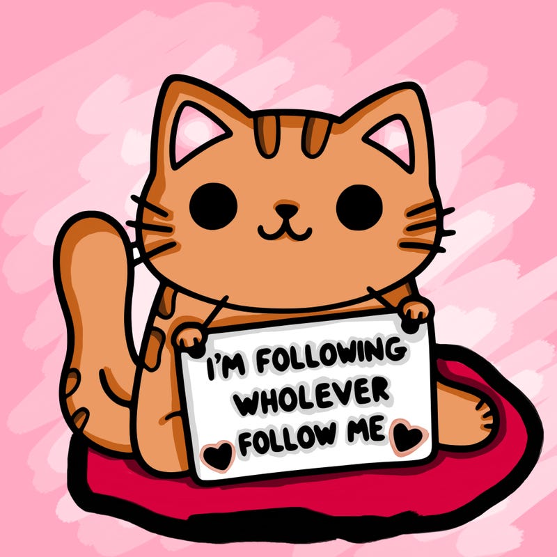 cat with a sign that says i’m following whoever follows me