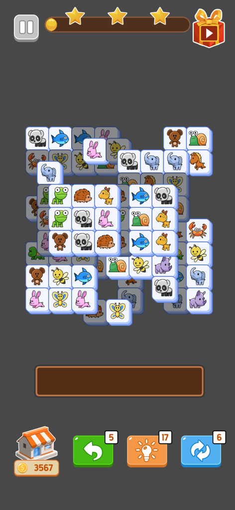 Juego de Triple Match: Tile Puzzle 3D con fichas de animales adorables y controles de juego