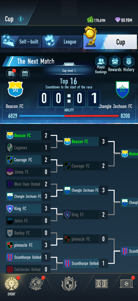 Football Career - Soccer Games - Tournament bracket screen in the Football Career app showing soccer match schedules and team scores.