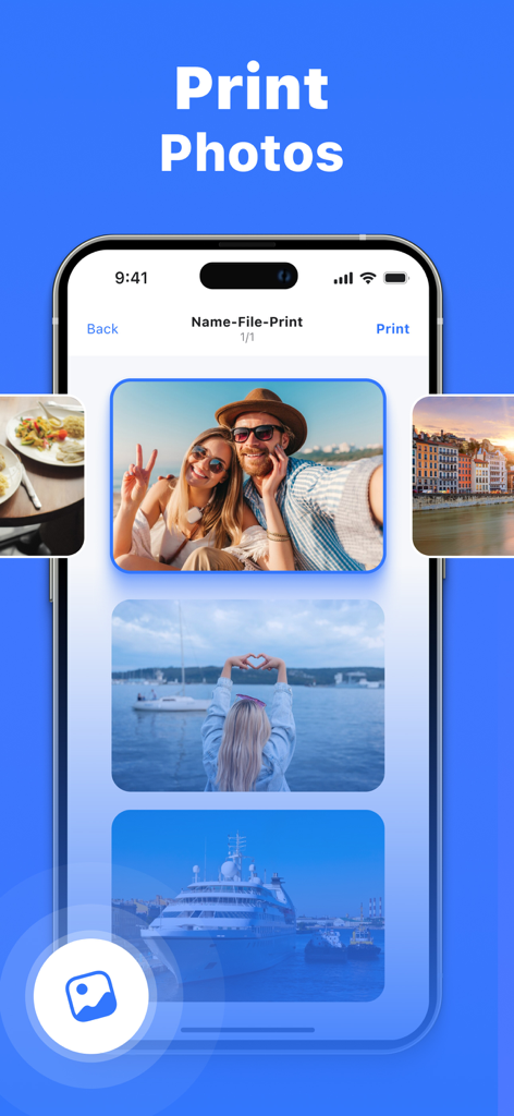 Air Printer - Smart Print App - Tela de smartphone exibindo o recurso do aplicativo Air Printer para selecionar e imprimir fotos sem fio.