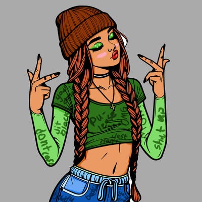 realistic teenage girl with braids and a beanie and crop top doing 🫶🏼