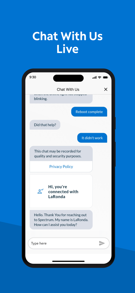 Schermata dell'app My Spectrum che mostra una conversazione di chat dal vivo con un rappresentante dell'assistenza clienti.