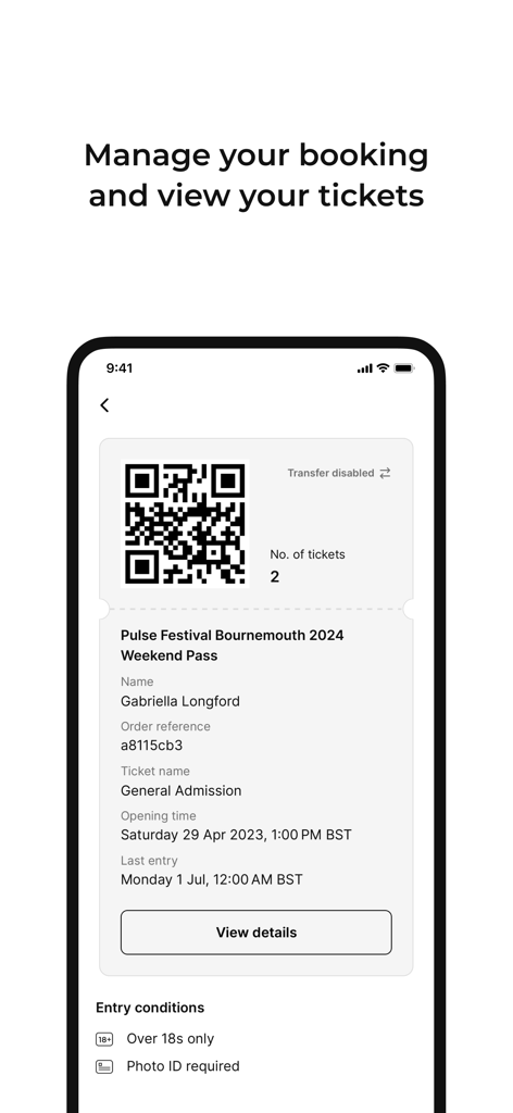 FIXR - Una entrada digital de evento en la aplicación FIXR con un código QR para un pase de fin de semana de festival.