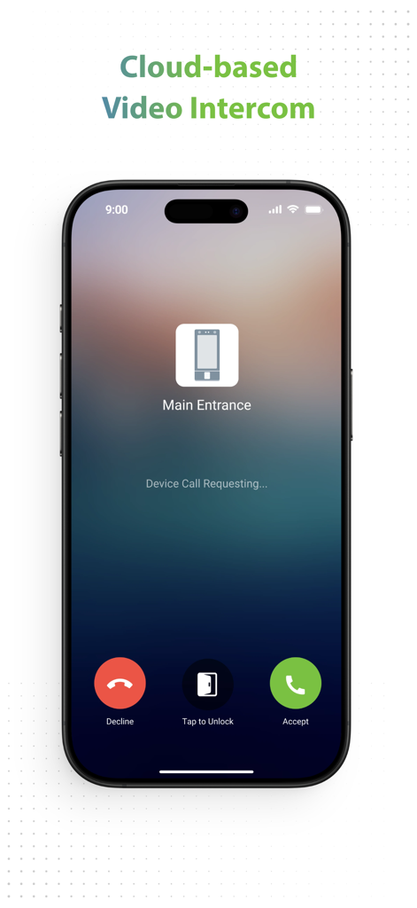 ZKBio Zlink - ZKBio Zlink smartphone app screen showing a cloud-based video intercom call for the main entrance with options to decline unlock or accept