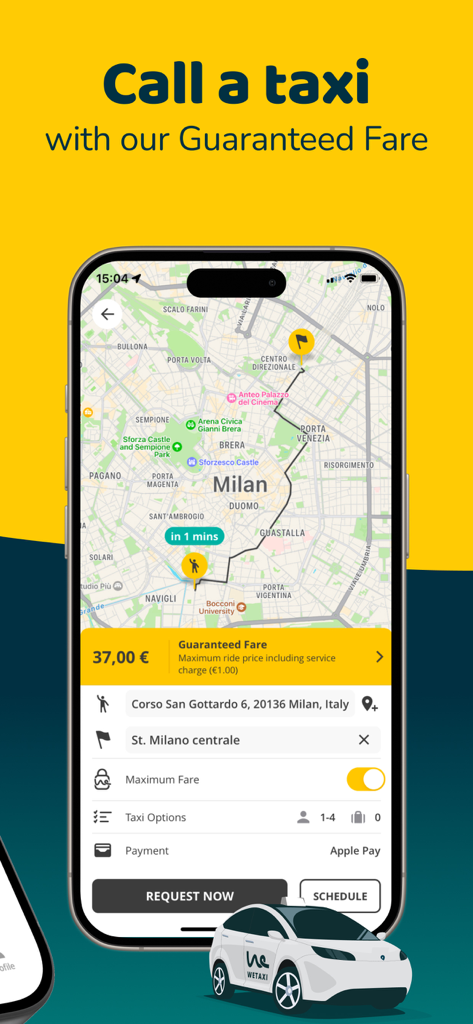 Wetaxi - All in one - Wetaxi app screen showing a taxi booking with a guaranteed fare and map route in Milan