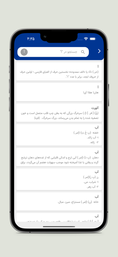 فرهنگ لغت معین - Interface of the Moin Dictionary app on an iPhone showing Persian word definitions and a search bar