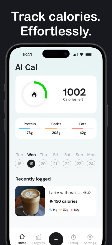Cal AI app interface showing daily calorie progress and macronutrient breakdown for protein carbs and fats