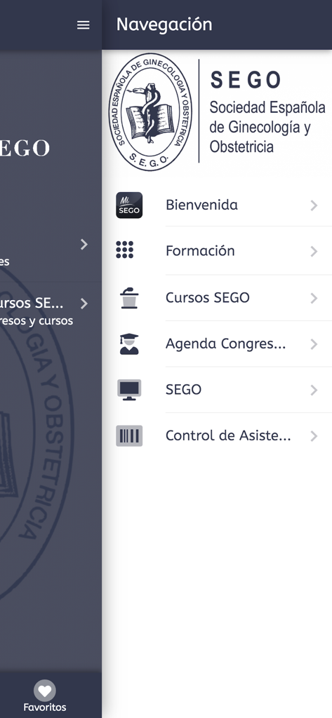 Mi SEGO - Menú de navegación lateral de la aplicación Mi SEGO que muestra secciones de formación médica, cursos y agenda de congresos