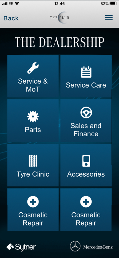 Sytner Mercedes-Benz Club - Pantalla de la aplicación Sytner Mercedes Benz Club que muestra opciones de servicio del concesionario, incluyendo mantenimiento, repuestos y ventas